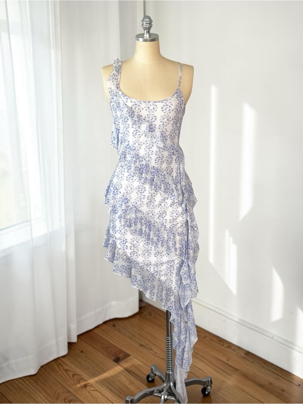 Princess Polly Oceania Light Blue Floral Asymmetrical Ruffle Midi Dress